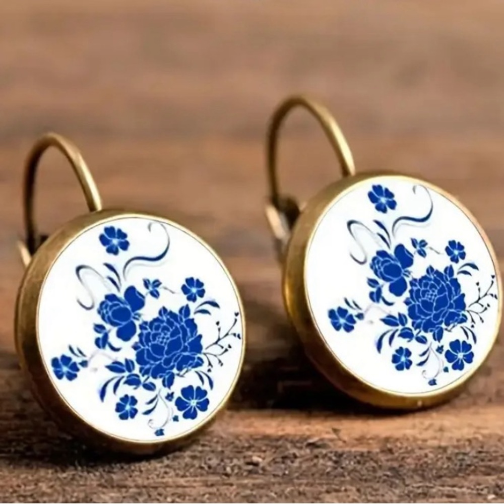 Blue Floral Earrings with Gold Accents.